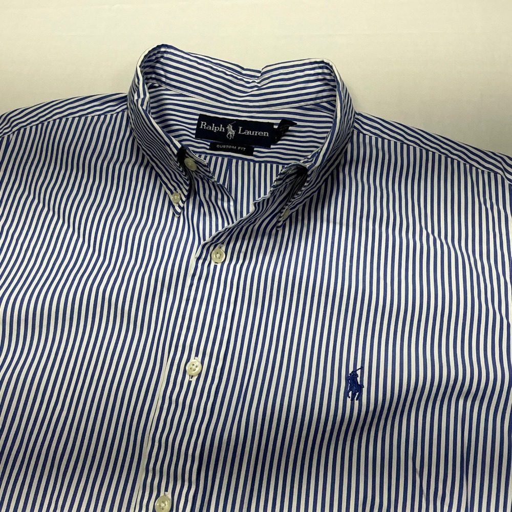 Ralph Lauren Custom Fit Blue‎ White Stripe Button Down Shirt Men's XL